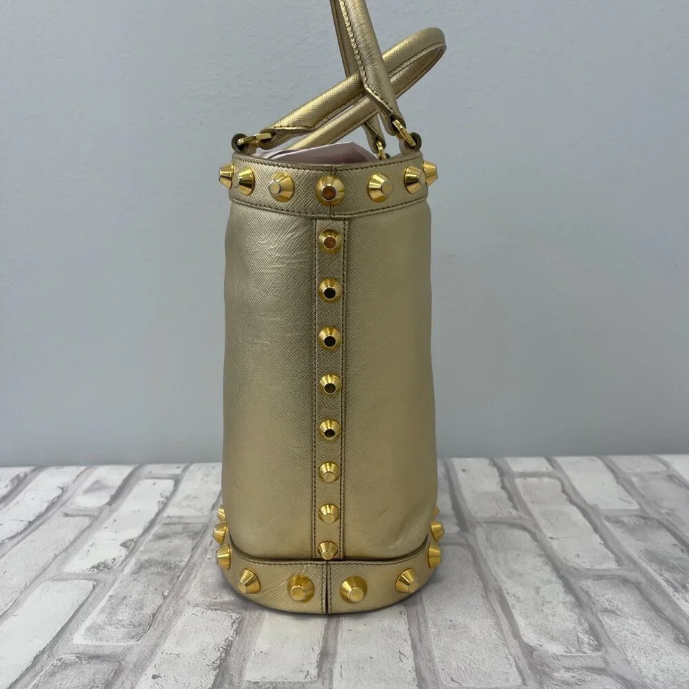 Prada Metallic Gold Saffiano Leather Vernice Studded Bucket Bag - Preowned